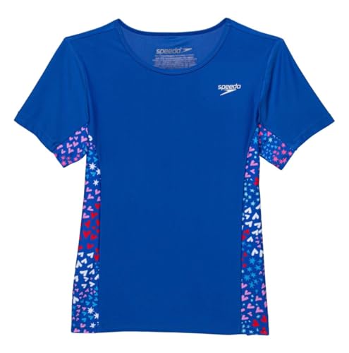Speedo Big Girls Girls Short Sleeve Printed Splice Rashguard, Dazzling Blue/Heart Print, XL