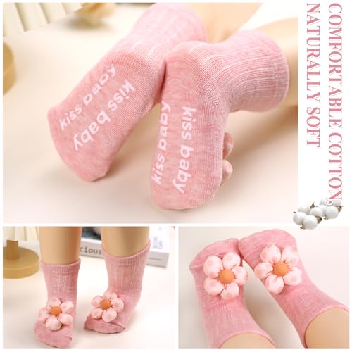 4Packs Baby Girl Socks, Flower Non-slip Socks with Grips for Newborn Babies Girls Boys Toddler Infant Kids4