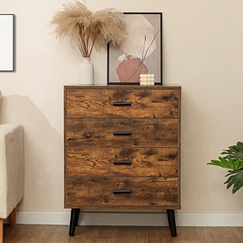 Iwell Chest Of Drawers, Mid Century Modern Storage Cabinet With 4 Drawer Dresser For Bedroom, Living Room, Closet, Rustic Brown #TOP6