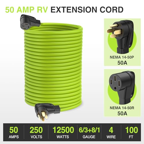 Image of Nilight 100FT 50 Amp RV Extension Cord 250V Heavy Duty 6 /3+8 /1 Gauge Pure Copper STW Wire UL ETL Listed 4 Prong 14-50P 14-50R Weatherproof Suit for EV Trailer Campers Bright Green