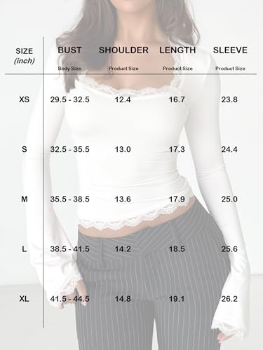 Image of OZICERD Women Bell Long Sleeve Shirts Cute Going Out Top Lace Trim Square Neck Double Lined Fitted Basic Tops Y2k Tight Slim White S
