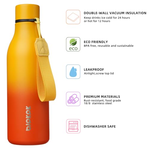 Image of BJPKPK Insulated Water Bottles, 18 oz Stainless Steel Metal Water Bottle with Strap, BPA Free Leak Proof Jugs, Mugs, Flasks, Reusable Thermal Flasks for Sports & Travel, Sunset Orange