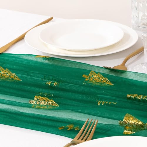 Image of Christmas Tree Table Runner Emerald Green Gauze Foil Table Runner, 3PC