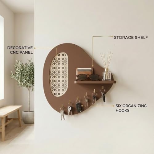 Image of Home Sparkle Wall Mounted Key Holder with Shelf & 6 Hooks | MDF Wood | Modern Entryway Key Organizer for Home Entrance, Keys, Wallet & Sunglasses