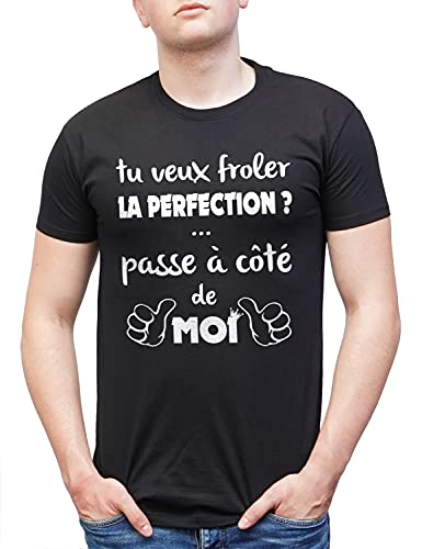 L'abricot blanc T-Shirt Humour: Si tu Veux froler la Perfection Passe à coté de Moi - Citation - Cadeau - Homme - Noir S