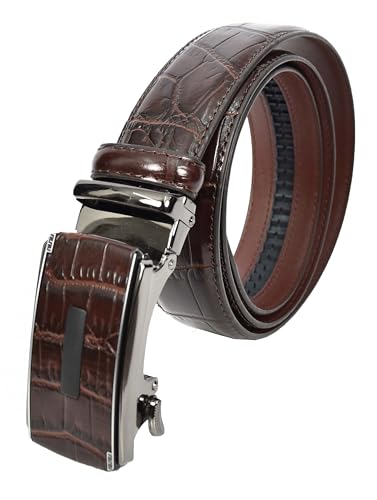 Real Leather Mens Adjustable Ratchet Buckle Belt For Dress Suits Pants Every Day Wear Whistler, Brown, Length 102 cm, 34