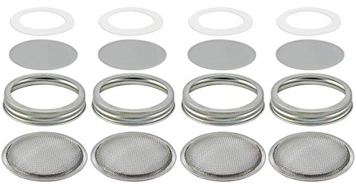 4 Sets: Stainless Steel Sprouting Lids + Storage Caps (4 Curved, Sprouter Screens,4 Inserts,4 Bands,4 Seals) - For Wide Mouth Mason Canning Jars Kerr/Ball. Rust-Proof, BPA-free