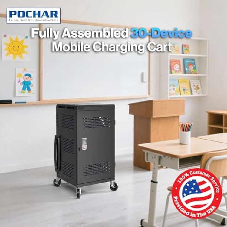 4 Pack | Fully Assembled 30 Bay Multi Device Charging Station for Chromebook,iPad,14'' Laptop,Pre Built Computer Charging Cart with Charger Cable Management,Circuit Breaker,Grounding Protection(Black)