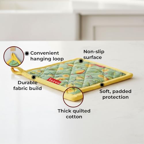 Image of HAZEL Cotton Kitchen Pot Holder | Heat Resistant Quilted Fabric Mat for Hot Pots & Pans | Durable, Washable, and Easy to Hang (Yellow & Green)