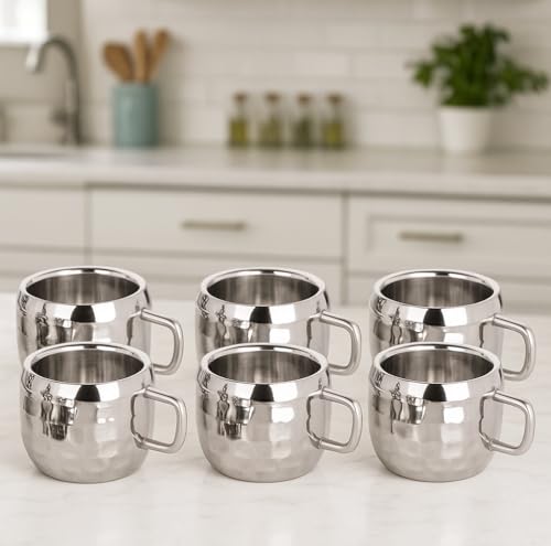 Image of Stainless Steel Hammered Tea Coffee Cup Set of 6 (90 ml) | Mirror Finish Chai Cups | Small Steel Tea and Coffee Mugs | Double wall Drinkware for Home Cafe | Steel Tea & Coffee Cup Set