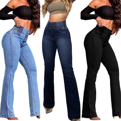 Women's Smocked High Rise Bootcut Jeans Curvy Tummy Control Stretchy Straight Wide Leg Trendy Butt Lifting Denim Pants2