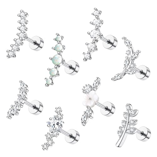 8Pcs 16G Cartilage Earring Set Stainless Steel Flower Opal CZ Stud Earrings Flat Back Cartilage Conch Helix Piercing Jewelry for Women