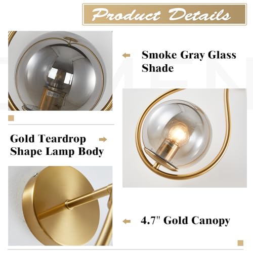 Image of KCO Lighting Teardrop Wall Lights Brushed Gold Wall Sconces Bedroom Brass Glass Globe Wall Sconces Set of Two Vintage Bathroom Vanity Light Fixtures