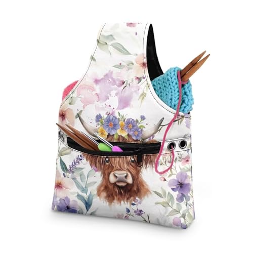 Image of ZUXONGSY Highland Cow Yarn Tote Bags for Crocheting Wildflower Knitting Tote Bag Lightweight Knitting Accessories Crochet Organizers and Storage