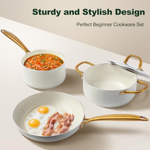 Image of M MELENTA Pots and Pans Set 7 piece, Non Stick White Granite Cookware Set | Compact Starter Cookware, Nonstick Pots and Pans Set, Induction Cookware, Kitchen Cooking Set, Oven Safe, PFOA Free