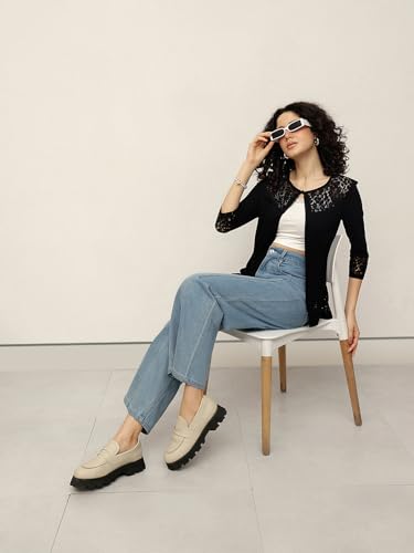 Image of ESPRESSO Women 95% Viscose 5% Spandex 3 /4th Sleeve Designer Lace Front Open Shrug