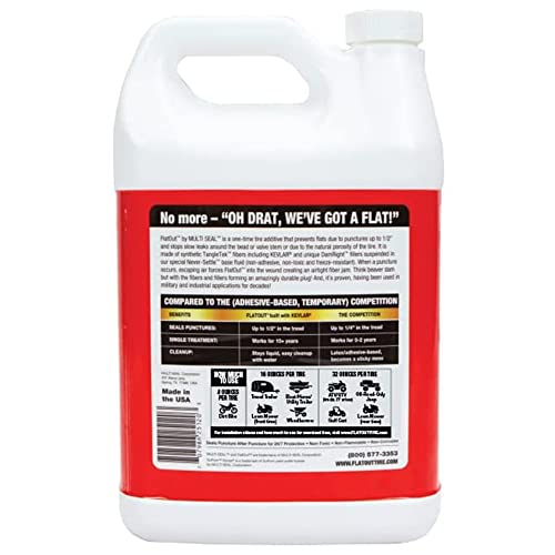 Flatout Tire Sealant Outdoor Power Equipment Formula - With Valve Core Tool - Prevent Flat Tires, Seal Leaks, Contains Kevlar, 1 Gallon #TOP4