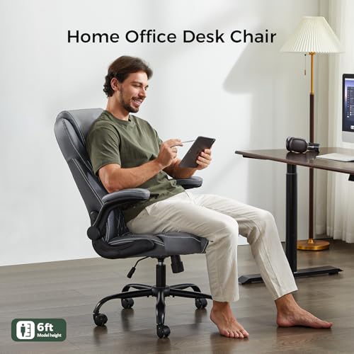 Image of amseatec Big and Tall Office Chair, Flip-Up, Executive Desk Chair, Grey | Ergonomic Leather High Back, Lumbar Support, 90 Lock, 115 Tilt, 20 Spring Packs, 300lbs Capacity, Wide Seat /Smooth Casters