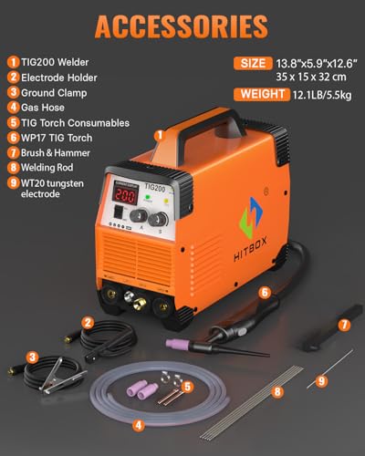 HITBOX TIG Welder 200A, 240V HF TIG/MMA 2-in-1 Welding Machine, Digital Display, 80% Duty Cycle, Welds Carbon Steel, Iron, Stainless Steel, with TIG Torch & MMA Kit (TIG200) 7 HITBOX TIG Welder 200A, 240V HF TIG/MMA 2-in-1 Welding Machine, Digital Display, 80% Duty Cycle, Welds Carbon Steel, Iron, Stainless Steel, with TIG Torch & MMA Kit (TIG200) - Image 7