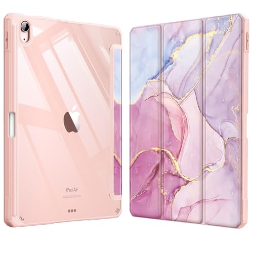 Fintie (フィンティー) ハイブリッド スリムケース iPad Air 11インチ M3 (2025) / M2 (2024) iPad Air 第5世代 (2022) / 第4世代(2020) 10.9インチ用 - 耐衝撃カバー クリアバックシェル&ペンシルホルダー付き (ピンクマーブル)