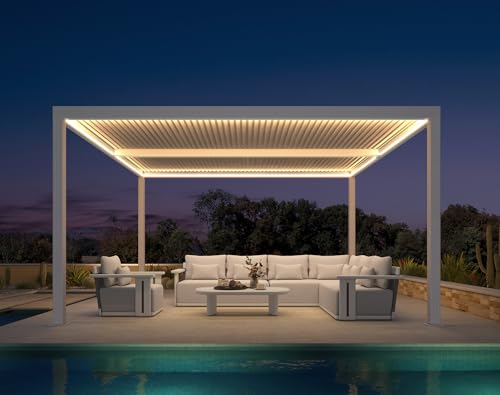 PURPLE LEAF Outdoor Louvered Pergola 11' x 15' with LED White Aluminum Gazebo Pergola with 2 Independently Adjustable Rainproof Hardtop for Patio Garden Yard