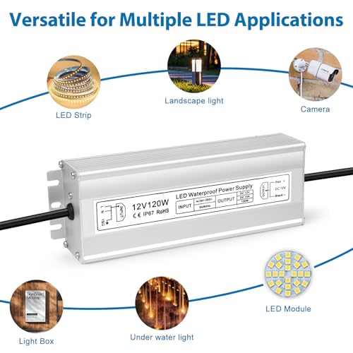 Image of LED Driver 120W 12V Power Supply, IP67 Waterproof Low Voltage Transformer, AC 80-265V to DC 12V 10A Converter for Outdoor Landscape Lighting and LED Strip Lights, 3-Prong Plug with 3.3FT Cable