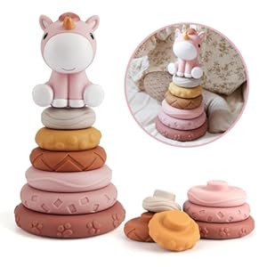 Nueplay 7 Pcs Stacking & Nesting Baby Toys, Squeeze Teething Baby Toys and Building Circle with Pink Horse Figure, Newborn Essentials for 6 12 18 Months Baby Toddler Girls