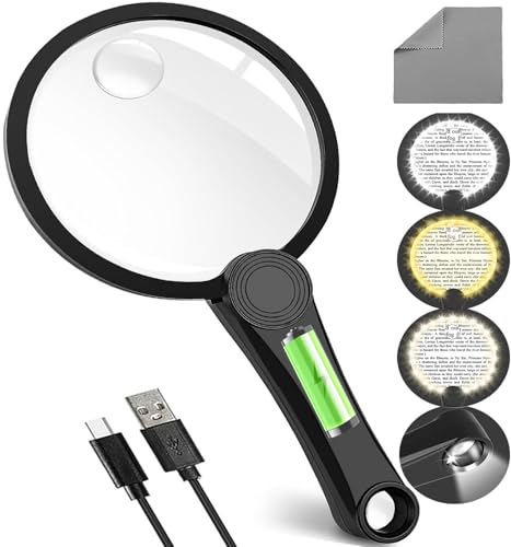 10X LED Handheld Magnifier with Light, Rechargeable, 4 Modes