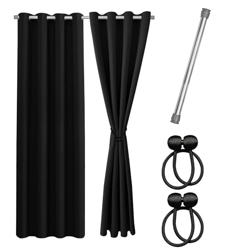 Cozyor Praktisches Set ohne Bohren: 2X Vorhang + 1x Klemmstange Silber 111-200 cm + 2X Raffhalter mit Magnet Blickdicht & verdunkelnd, als Raumteiler, Fenster & Tür Schwarz Thermovorhang 220x135cm