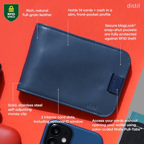 Image of Distil Union Wally Bifold 5.0 Slim Bifold Wallet for Men - Minimalist RFID Leather Wallet with ID Window, Pull Tab Card Holder & Money Clip - Holds 14 Cards & 30 Bills - Navy