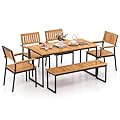 Tangkula 6 Pieces Outdoor Acacia Wood Dining Set, Patio Table and Chairs Set with Bench for 6-7 People, Outdoor Dining Furniture Set with 2" Umbrella Hole for Garden, Backyard and Poolside