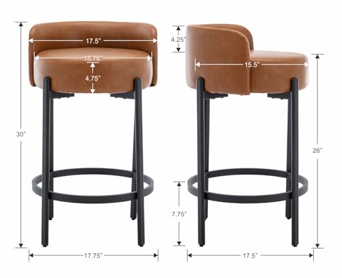 Image of CIMOTA Bar Stools Set of 6, PU Leather Counter Height Barstools with Low Back and Black Thickened Metal Legs, 26 Inch Modern Island Chairs for Kitchen Island, Bar(Brown, 6Pcs 26 inch Counter Stools)