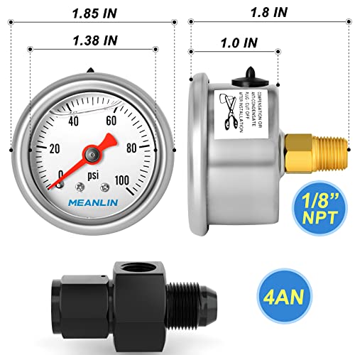 Image of MEANLIN MEASURE 0~100Psi Stainless Steel Glycerin Filled Pressure Gauge 1 /8 inch NPT 1.5 inch FACE DIAL, with 4AN Pressure Take Off Fitting, Liquid Filled Pressure Gauge WOG Water Oil Air Back Mount