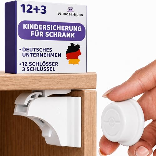 WunderHippo Magnetische Kindersicherung 12 Schlösser + 3 Schlüssel – Unsichtbarer Magnetverschluss – Schranksicherung & Schubladensicherung ohne Bohren – Weiß