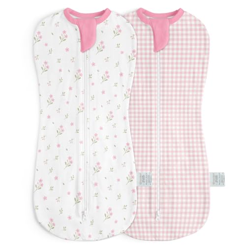 Image of Baby Swaddle 0-2 Months, Cotton Arm-In Zipper Sleep Sack, Wearable Blankets Wrap for Newborn Infant Girls (Floral, Checkered, Pack of 2)