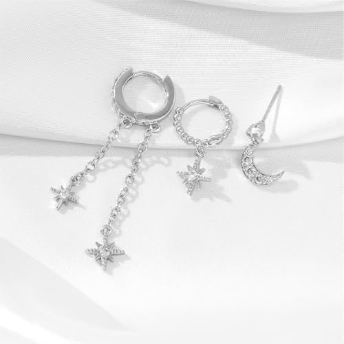 Image of SANNIDHI 3 Pairs Earrings Set for Women Stud Hoop Earrings Moon Star Earrings Combo for Multiple Piercing