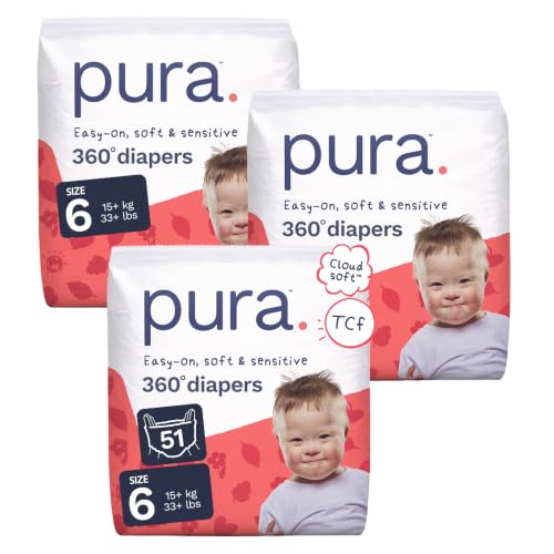 Pura Hypoallergenic Diaper Pants Size 6 (33+ lbs) Overnight up to 12 Hours Leak Protection Suitable for Sensitive Skin Totally Chlorine Free Soft Organic Cotton 3 Packs of 17 (51 Pull Up Pants)