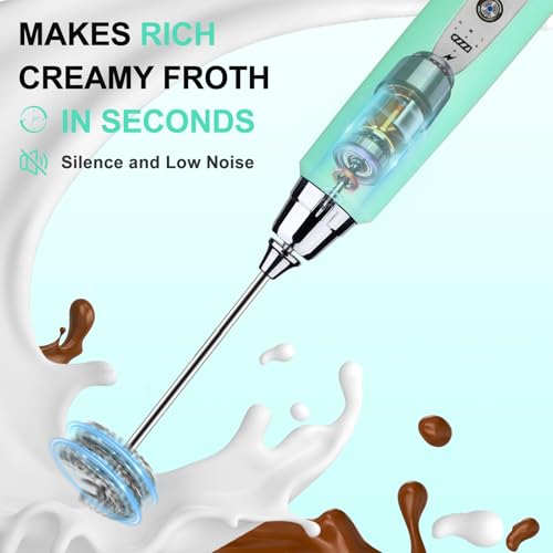 Image of YUSWKO Baby Blue Handheld Milk Frother Wand for Coffee, Rechargeable Electric Whisk with 3 Heads 3 Speeds Drink Mixer Coffee Frother For Latte, Cappuccino, Hot Chocolate, Egg