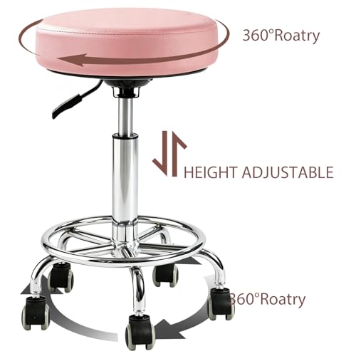 Image of Rolling Stool with Wheels - 500lbs,Thick 9.5cm Cushion, Height Adjustable | PU leather|Swivel silent rubber casters|Foot pedal ring|space-saving|For Drafting salon tattoo clinic garage home office