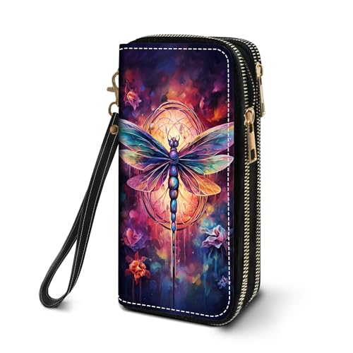 Women's Large Capacity Wallet PU Leather Double Zipper Clutch Purse Multifunctional Wallet with Removable Wristlet Strap for Smart Phone/Coin/Card/Cash, Dragonfly