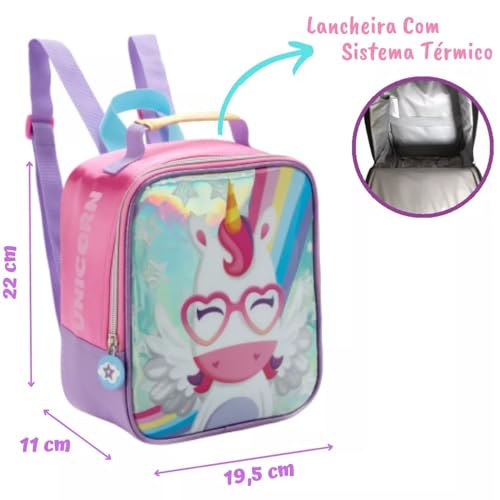 Kit Mochila de Rodinha Estojo e Lancheira Unicórnio Magic