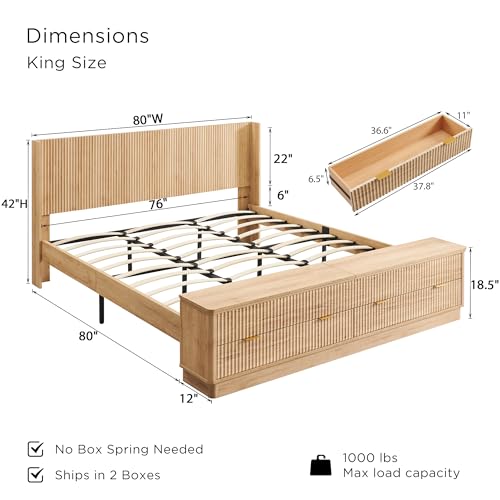 T4TREAM Fluted King Size Bed Frame with Wingback Headboard, Footboard Storage Bench with Built-in Drawers & Lift-Up Compartments, Wood & Steel Platform Bed, No Box Spring Needed, Natural Oak - Image 3