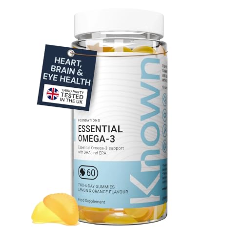 Known Essential Omega 3 Gummies Lemon & Orange Flavour Tasty Gummy Alternative to Soft-Gels 120mg Omega 3 with DHA & EPA Supports Heart Health & Wellbeing 1 Month Supply for Men & Women