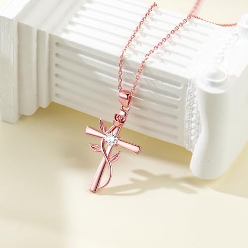 BlingGem Cross Necklace for Women Sterling Silver Cross Necklaces Pendant White/Rose/Gold Plated Cubic Zirconia Flower Necklace Gifts for Women3