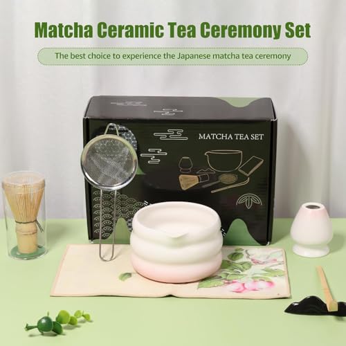 Image of NIHUIFDPY 7-Piece Traditional Japanese Matcha Tea Set - Includes Ceramic Matcha Bowl (550ml), Bamboo Whisk (Chasen), Whisk Holder, Scoop & Stainless Steel Sifter - Authentic Home Tea Ceremony Kit