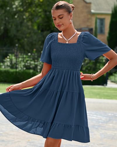 Image of BTFBM Womens Summer Smocked Mini Dress Spring Square Neck Flutter Sleeve Casual Ruffle Swing Boho Beach Dresses Pockets