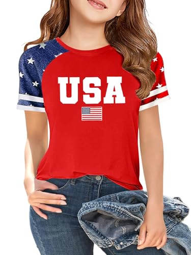 Image of CAZYCHILD Girls 4th of July USA Shirt American Flag Patriotic T-Shirt Independence Day Outfit for Kids 5-14Years