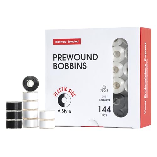 Image of Poolin Prewound Bobbins Richword Selected 144pcs, Size A (Class 15 / SA156), 75D Polyester Bobbin Thread, Plastic Sided, for Single Needle Embroidery & Sewing Machines, 108pcs White+36pcs Black