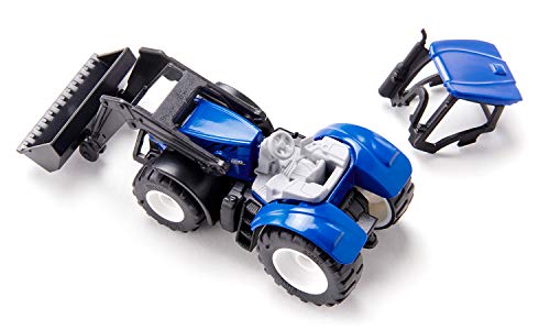 Siku 1396, New Holland Traktor mit Frontlader, Metall/Kunststoff, Blau/Schwarz, Beweglicher Frontlader, Anhängerkupplung – Bild 3