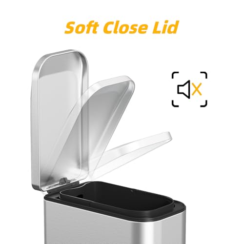 Image of KdbK Bathroom Trash Can with Soft Close Lid, 15L / 4 GallonRectangular Trash Can with Removable Wastebasket, Step Pedal, Slim Wastebasket for Bedroom, Home Office,Silver